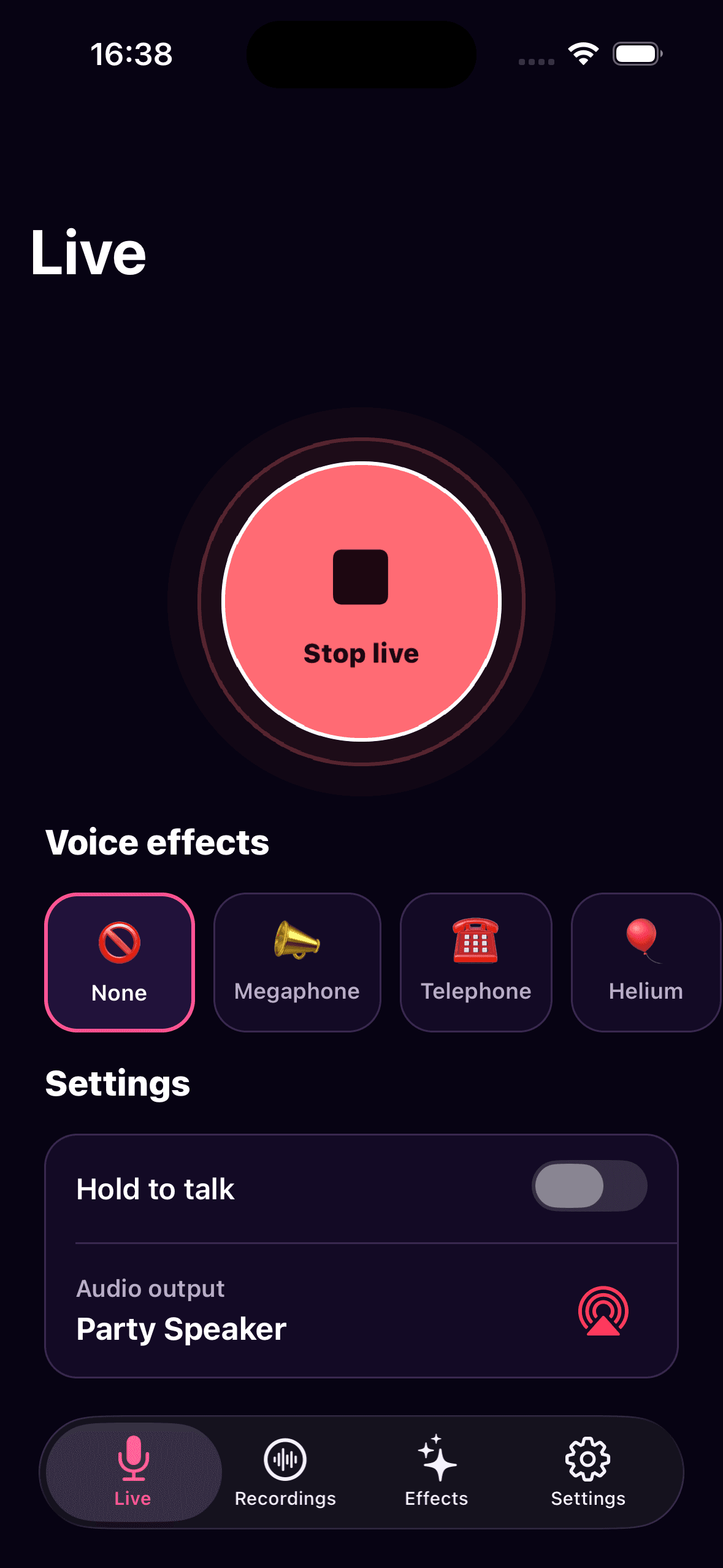 Mic O Phone ready-to-start live microphone screen in English