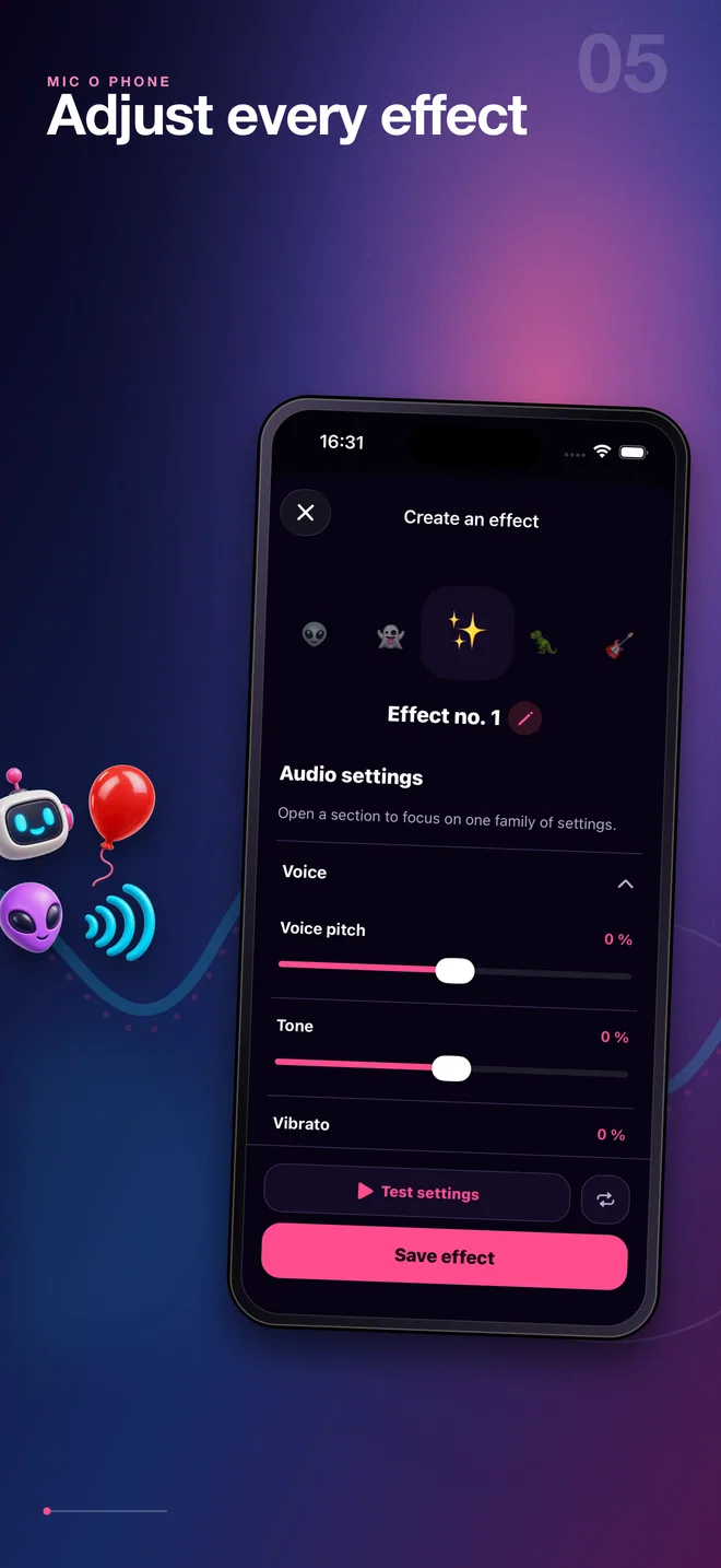 Mic O Phone custom voice effect editor screen in English
