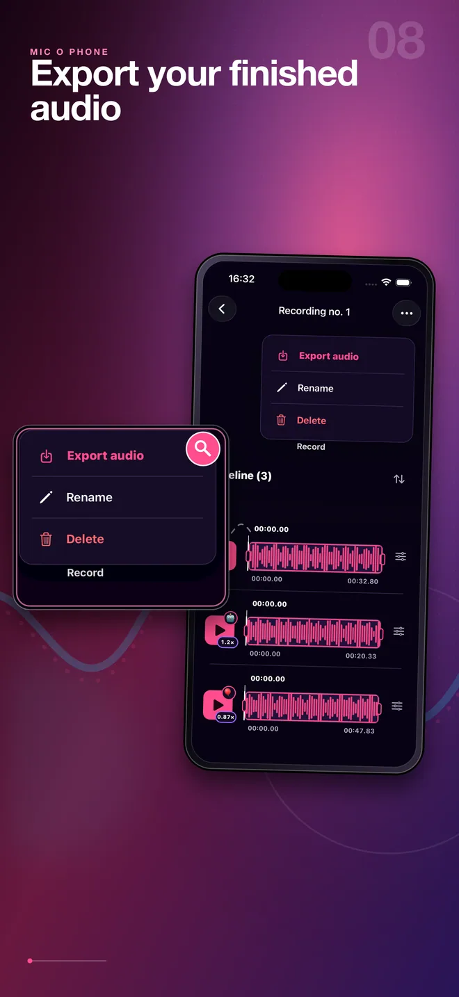 Mic O Phone audio export menu in English