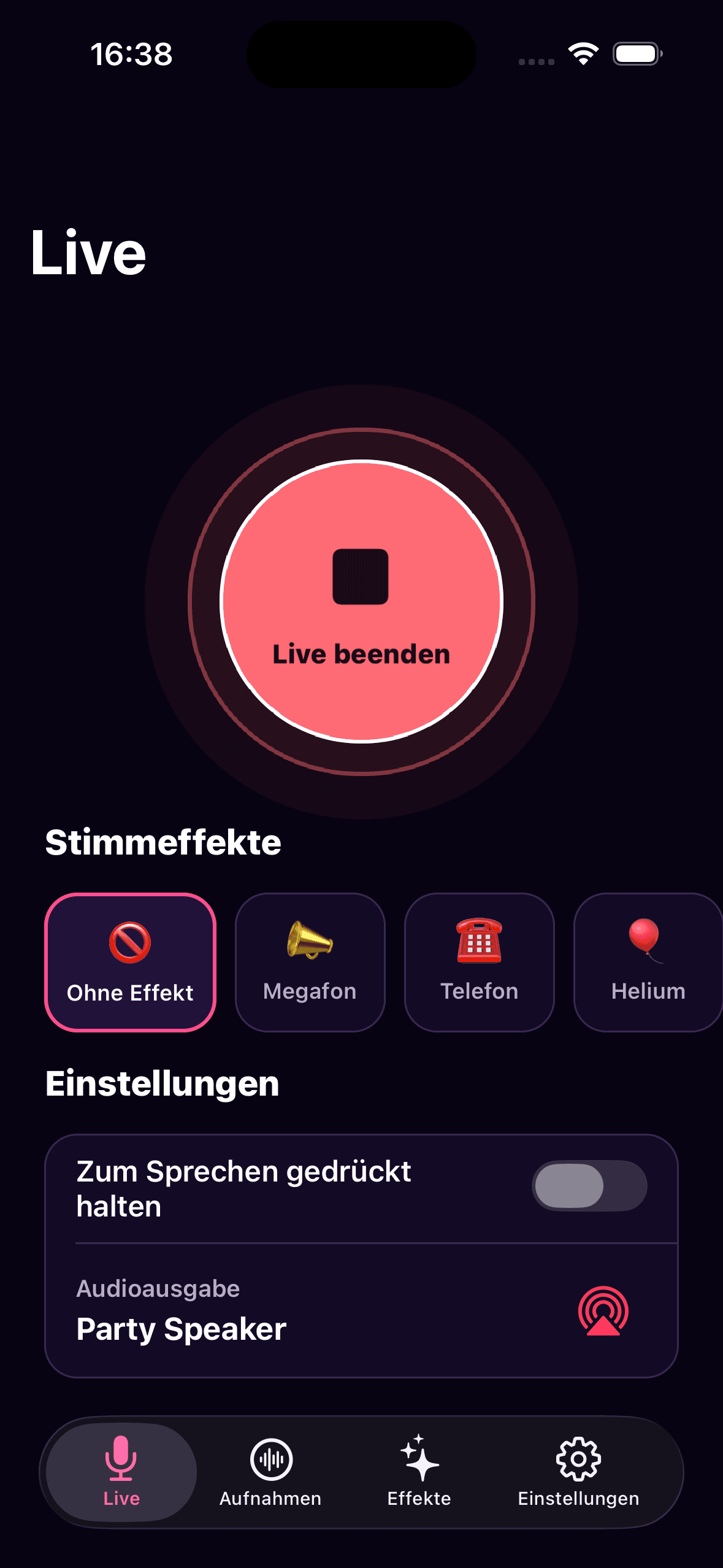 Deutscher Startbildschirm des Mic O Phone Live-Mikrofons