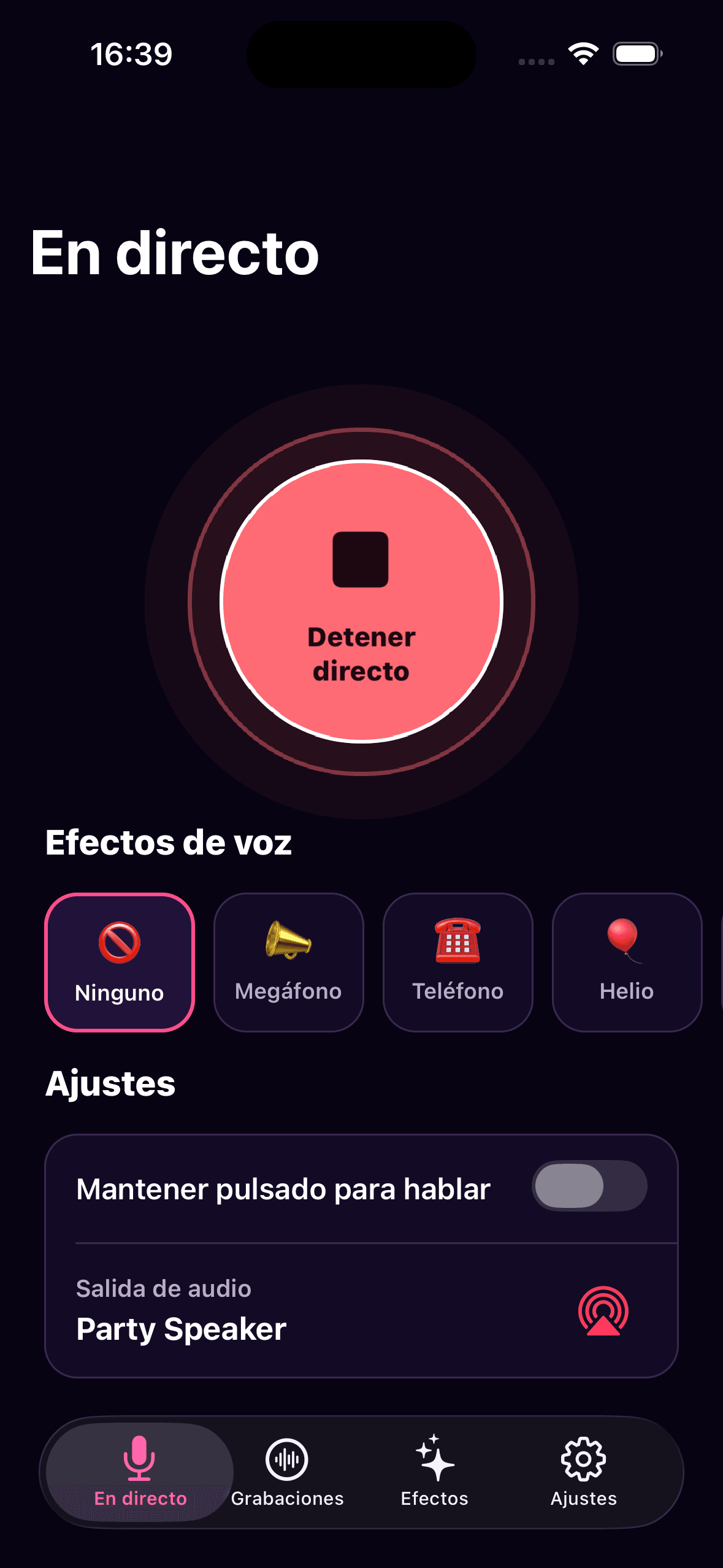 Pantalla en español para iniciar el micrófono en directo de Mic O Phone