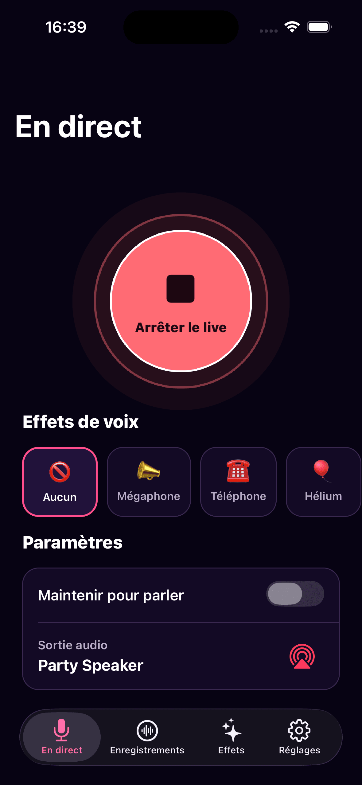 Écran français de démarrage du micro en direct Mic O Phone