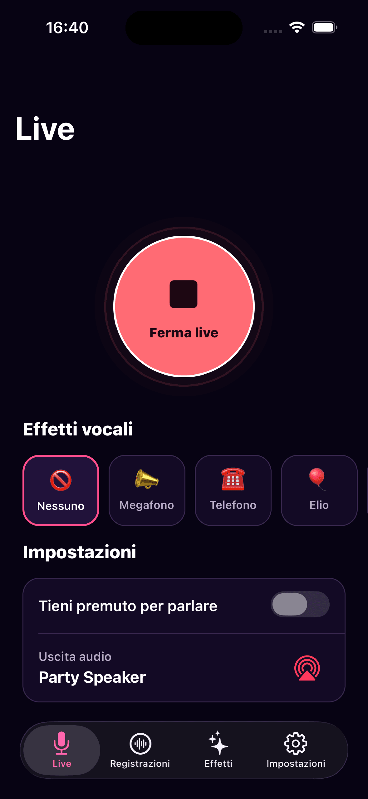 Schermata italiana di avvio del microfono live Mic O Phone