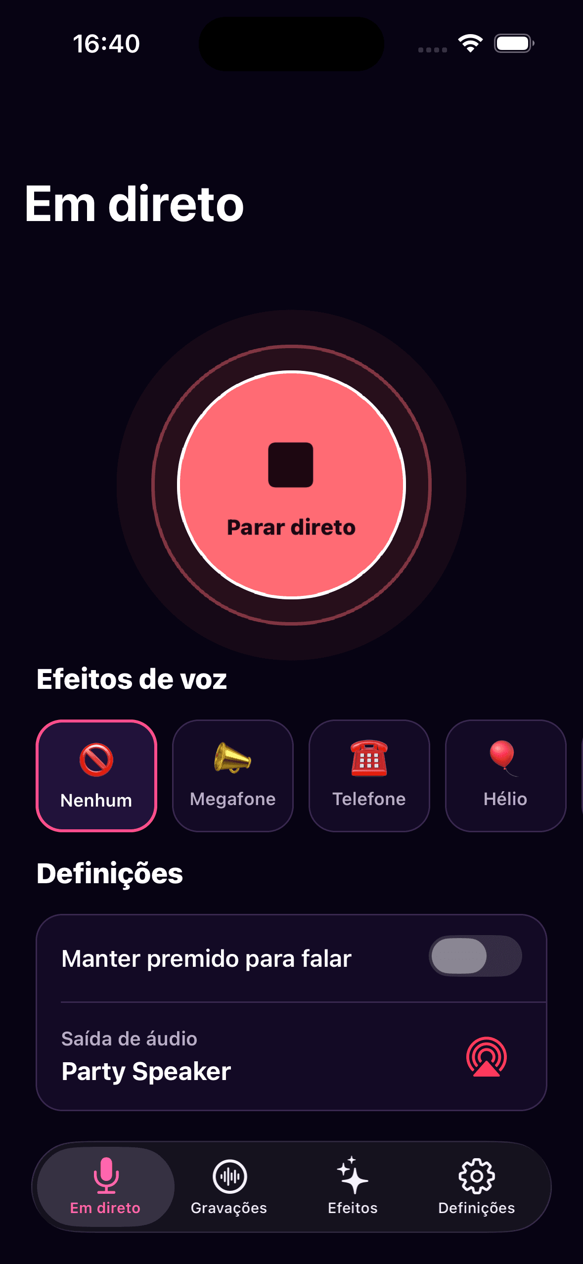 Ecrã em português para iniciar o microfone em direto do Mic O Phone