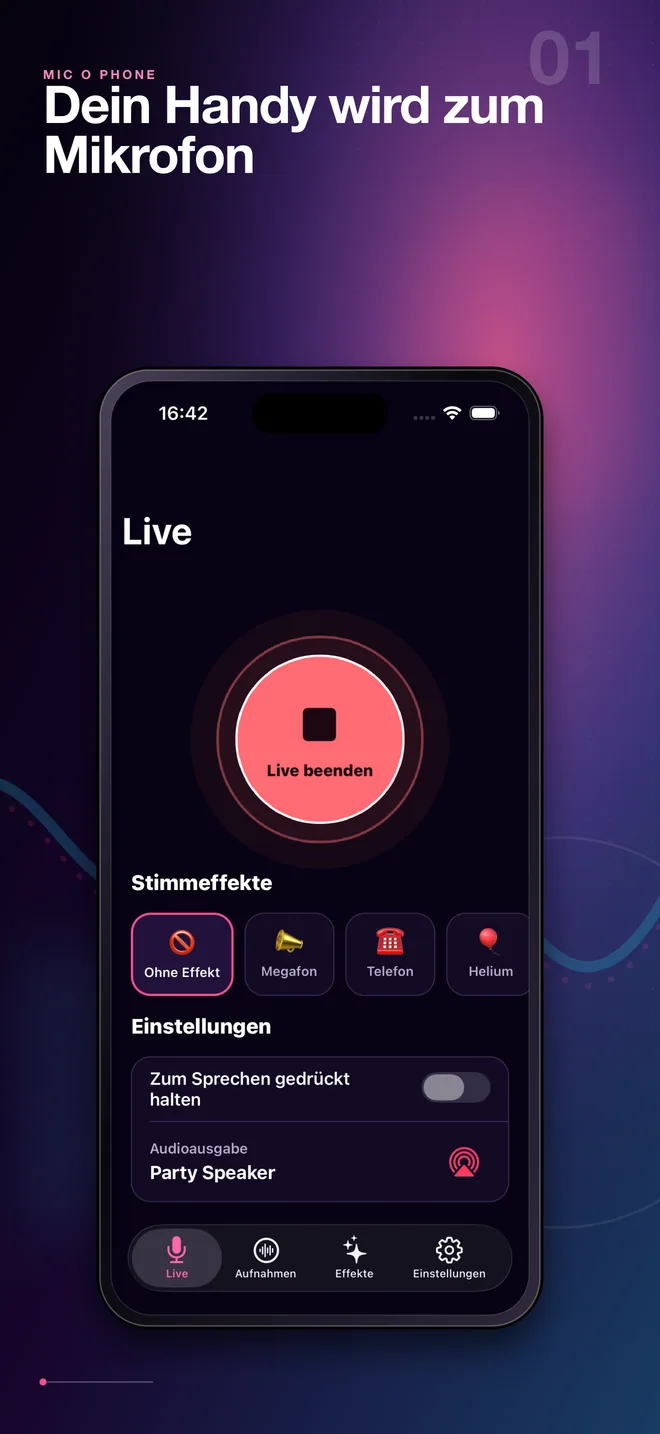 Deutscher Live-Bluetooth-Mikrofon-Bildschirm von Mic O Phone