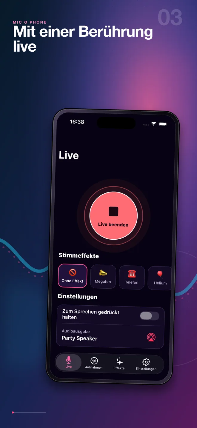 Deutscher Startbildschirm des Mic O Phone Live-Mikrofons