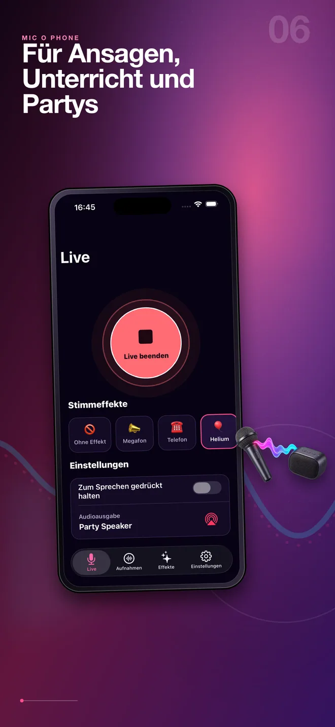 Deutsche Einsatzmöglichkeiten des Mic O Phone Live-Mikrofons