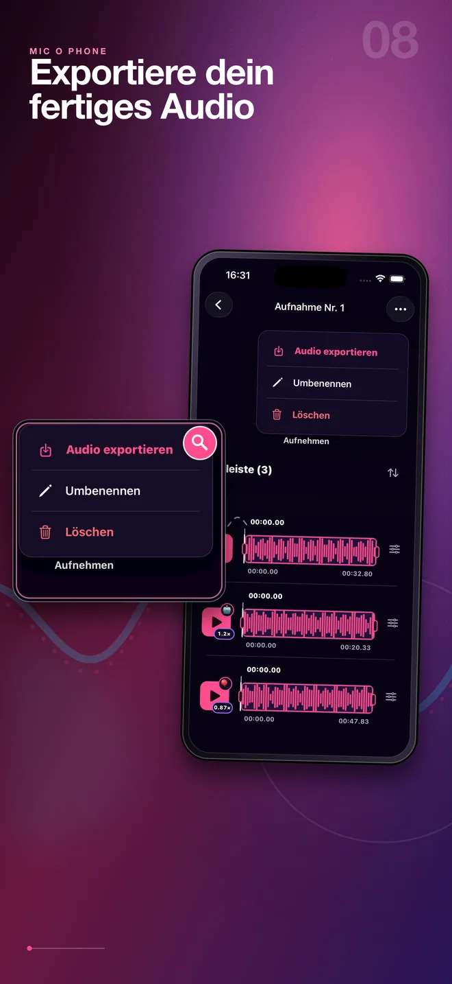 Deutsches Audio-Exportmenü von Mic O Phone