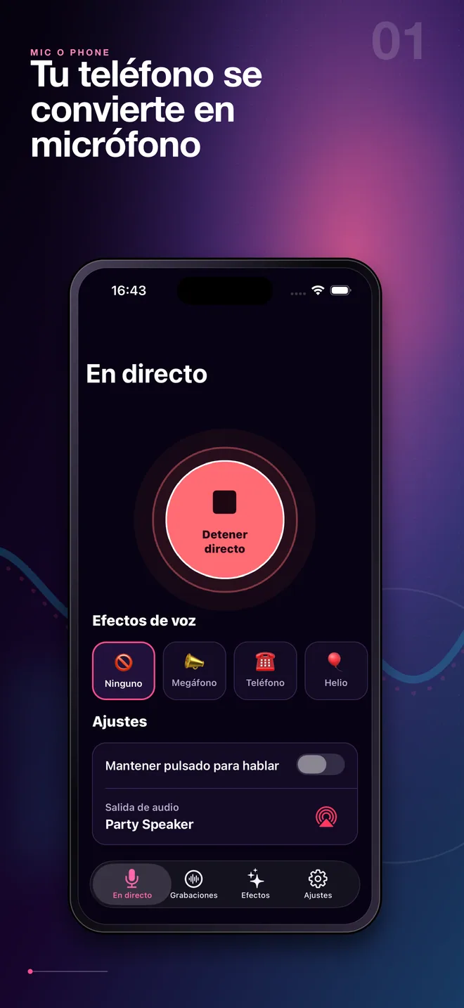 Pantalla en español del micrófono Bluetooth en directo de Mic O Phone