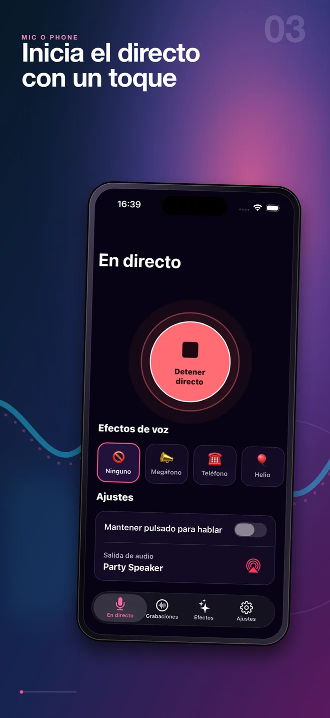 Pantalla en español para iniciar el micrófono en directo de Mic O Phone