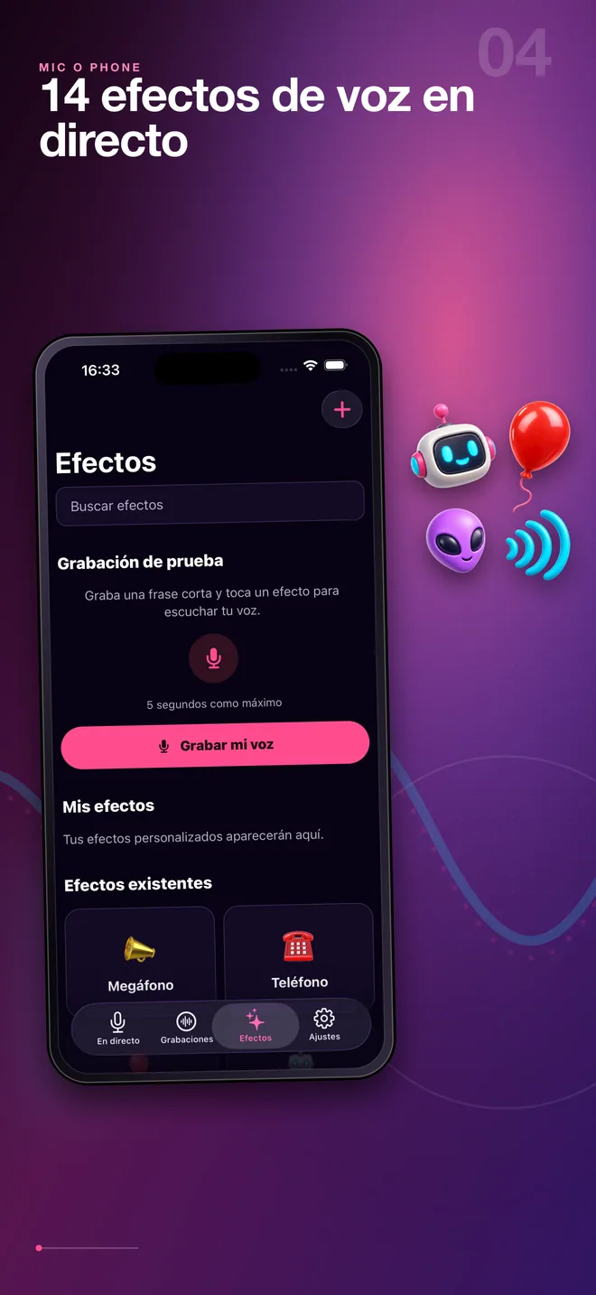 Biblioteca en español de efectos de voz de Mic O Phone