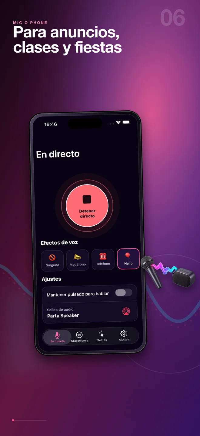 Usos en español del micrófono en directo de Mic O Phone