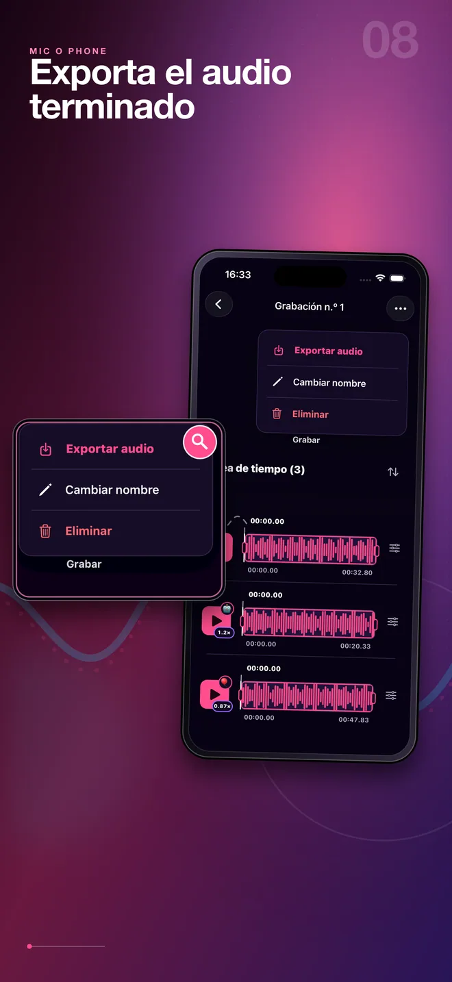 Menú en español de exportación de audio de Mic O Phone