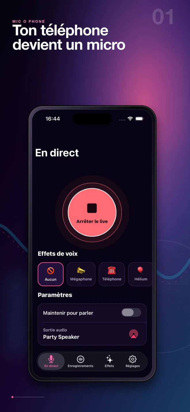 Écran français du micro Bluetooth en direct de Mic O Phone