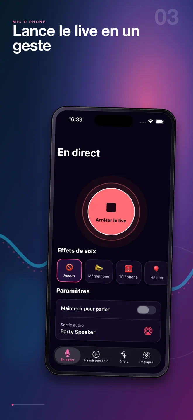 Écran français de démarrage du micro en direct Mic O Phone