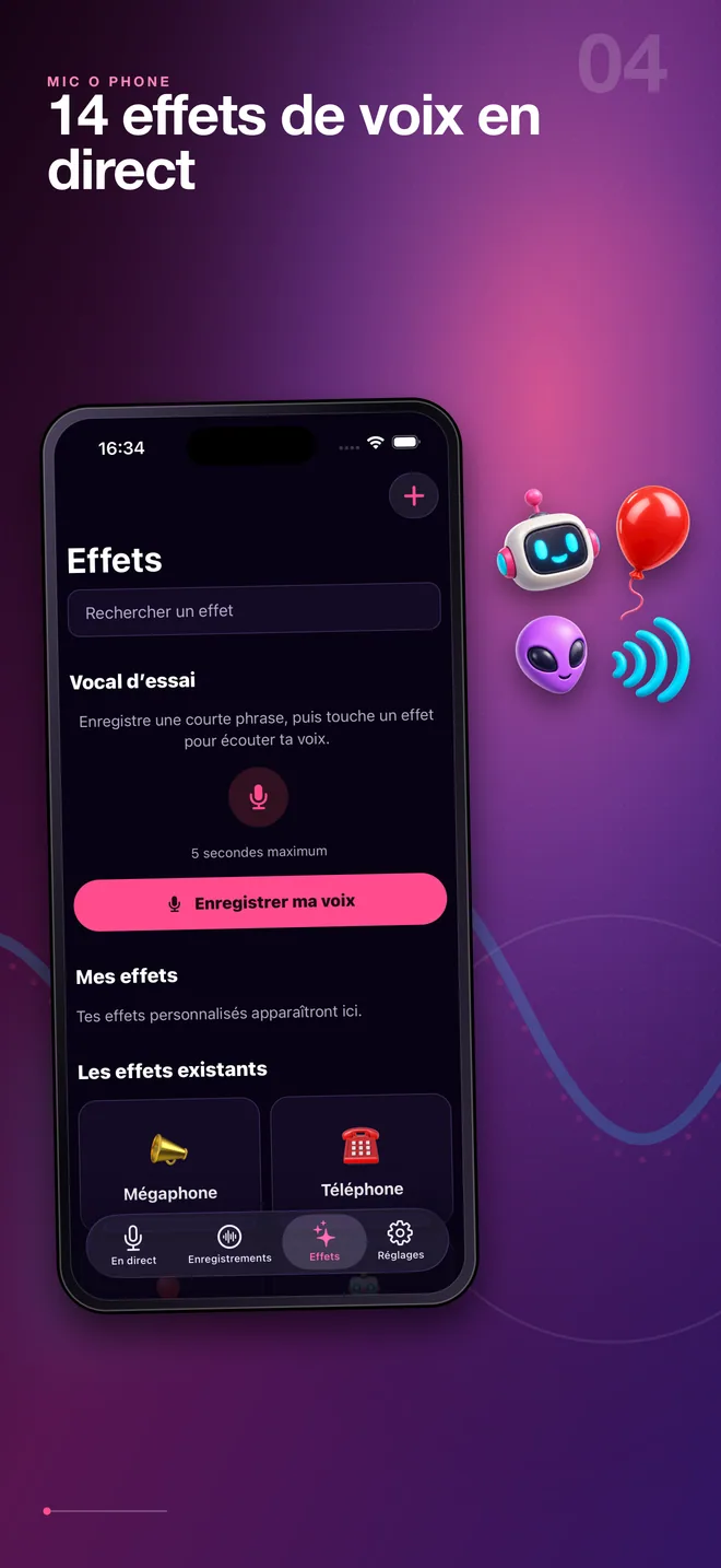 Écran français de la bibliothèque d’effets vocaux Mic O Phone