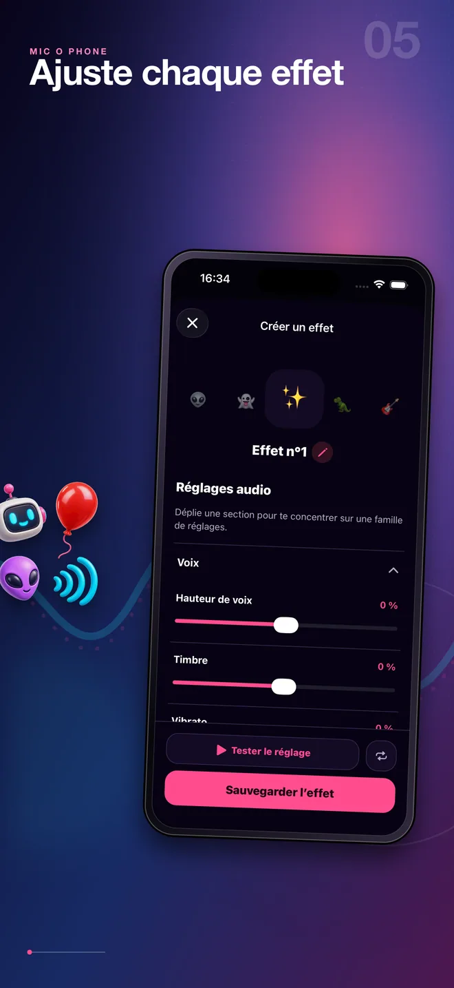 Écran français de création d’un effet de voix personnalisé Mic O Phone