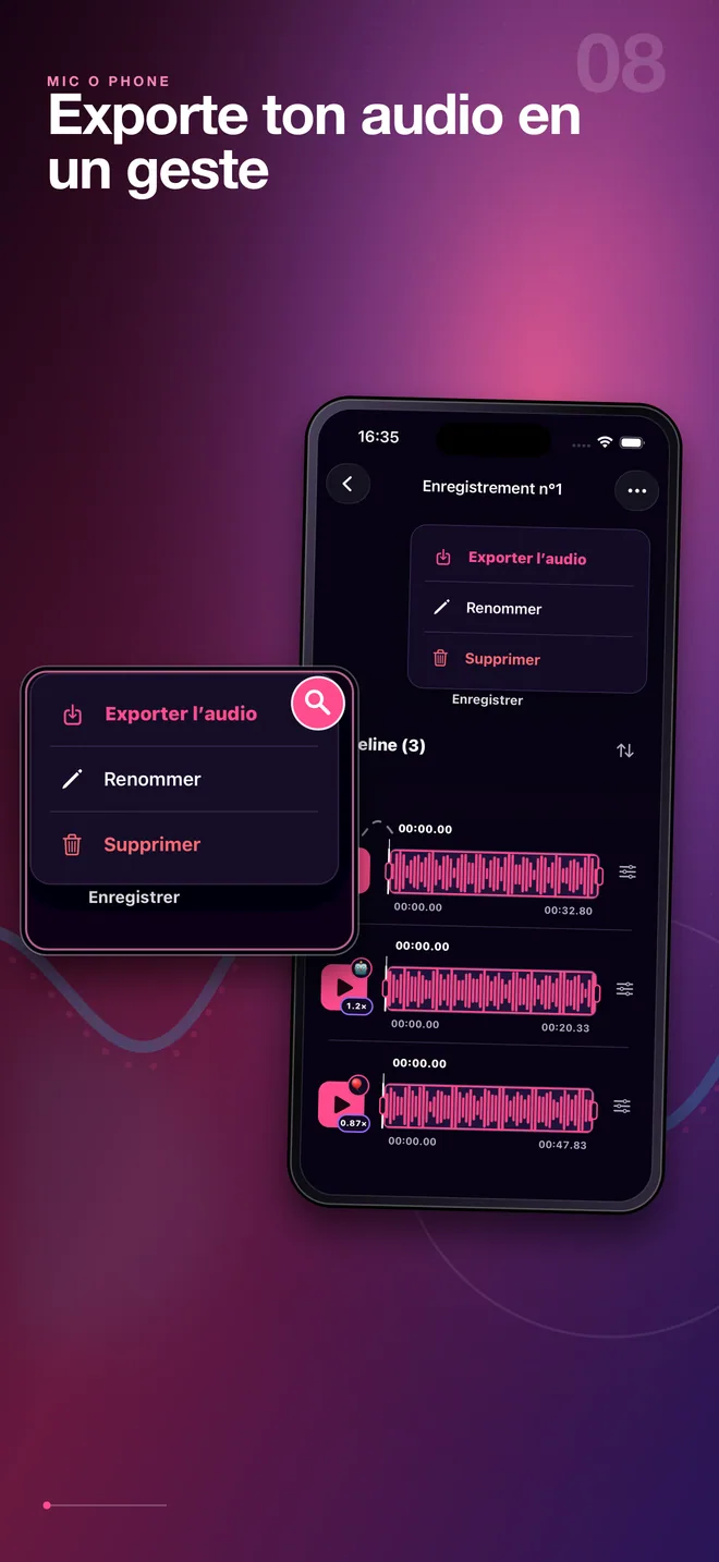Menu français d’export audio de Mic O Phone