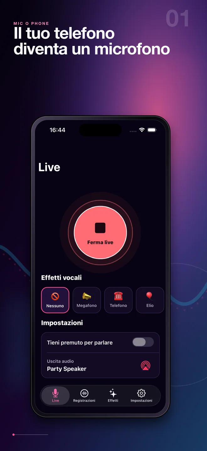 Schermata italiana del microfono Bluetooth dal vivo di Mic O Phone