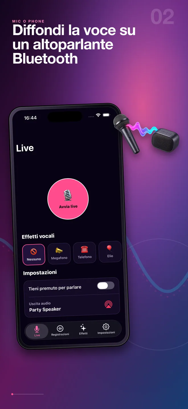 Connessione italiana di Mic O Phone a un altoparlante Bluetooth