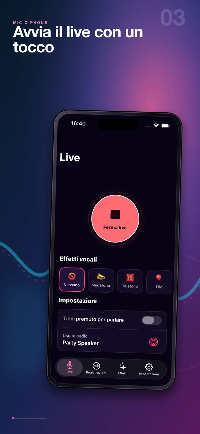Schermata italiana di avvio del microfono live Mic O Phone