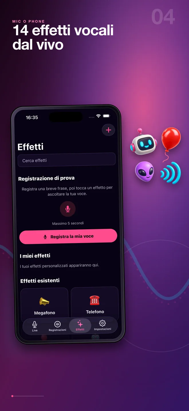 Libreria italiana degli effetti vocali di Mic O Phone