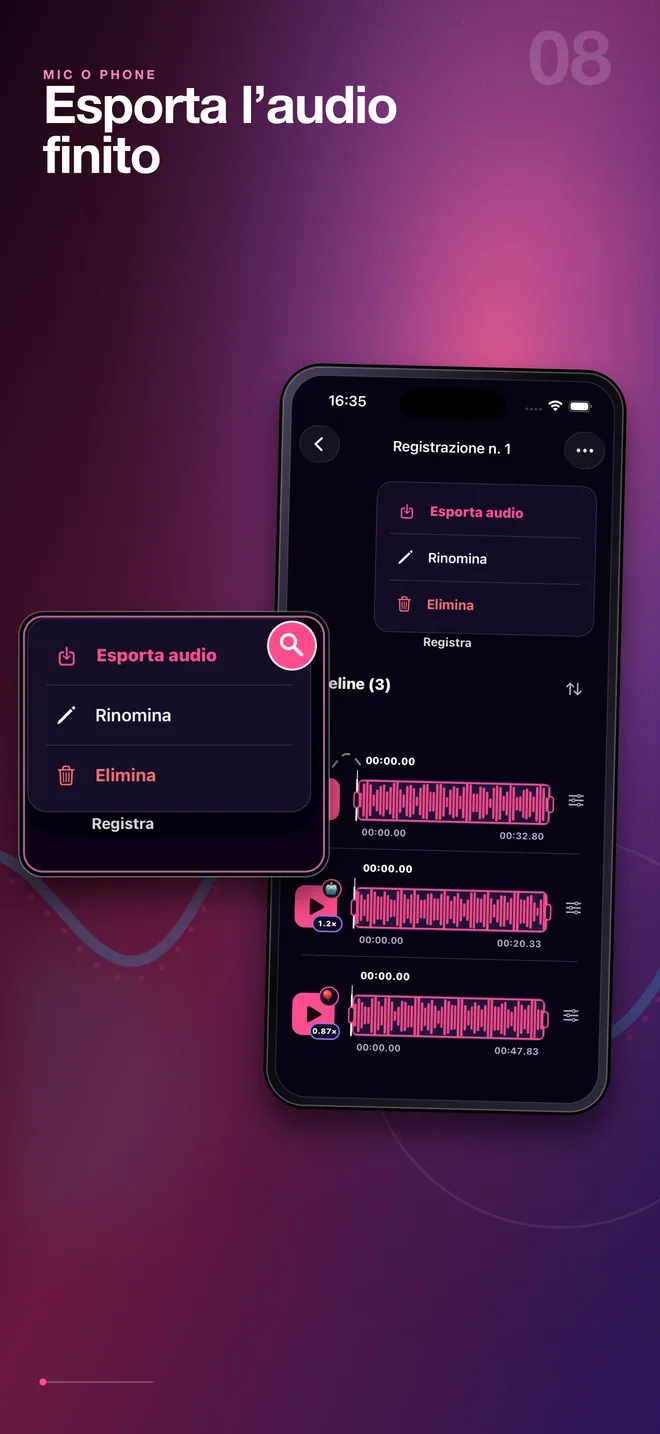 Menu italiano di esportazione audio di Mic O Phone
