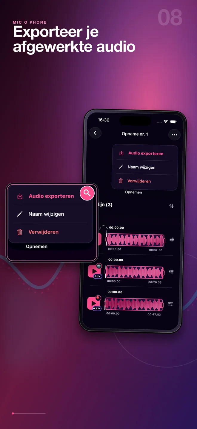 Nederlands audio-exportmenu van Mic O Phone