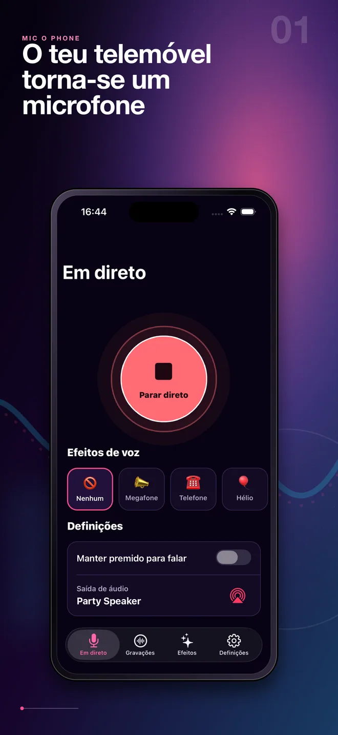 Ecrã em português do microfone Bluetooth em direto do Mic O Phone