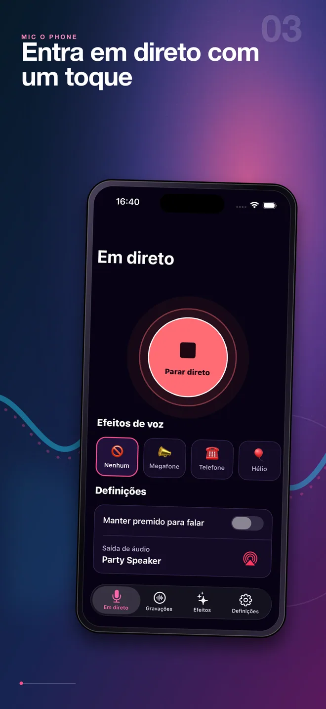 Ecrã em português para iniciar o microfone em direto do Mic O Phone