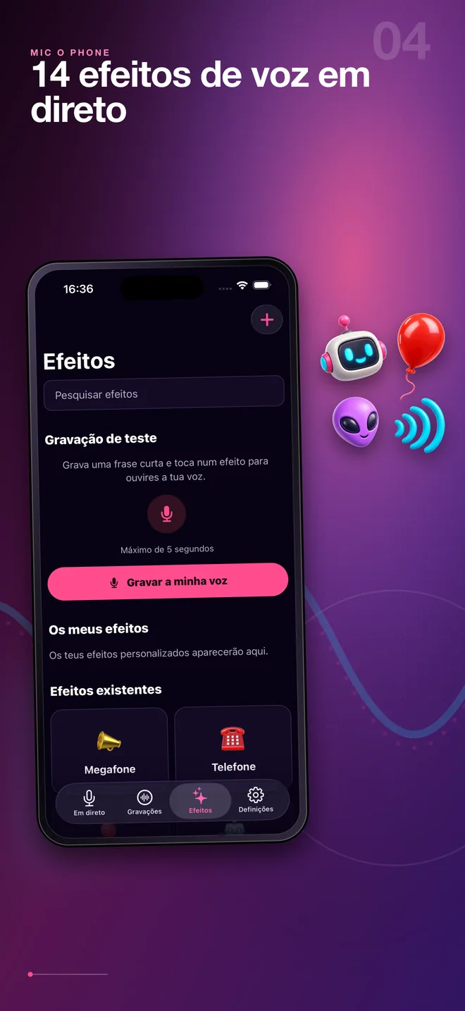 Biblioteca em português de efeitos de voz do Mic O Phone