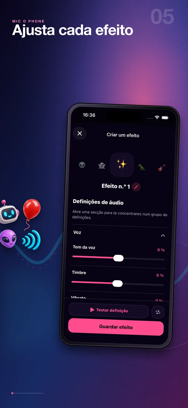 Editor em português de efeitos de voz personalizados do Mic O Phone