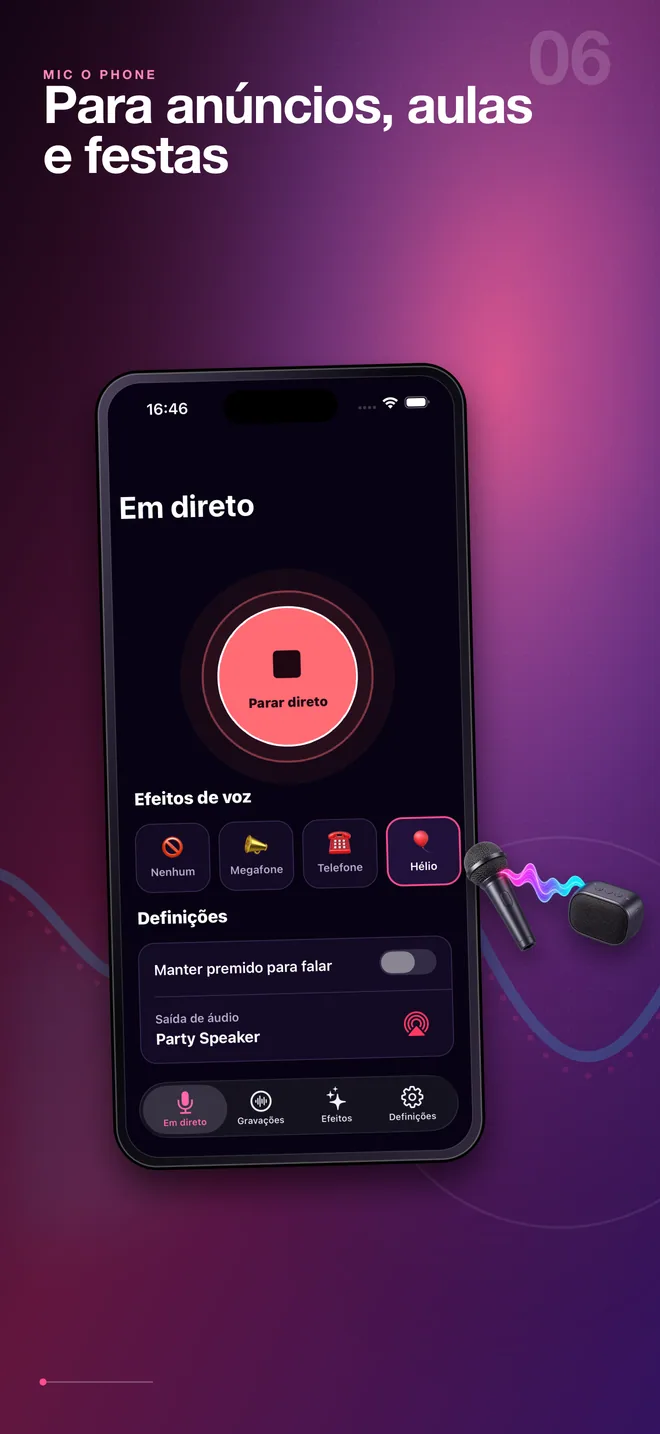 Utilizações em português do microfone em direto do Mic O Phone
